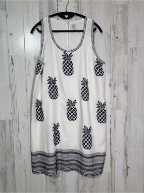 LOFT Beach Pineapple Embroidered Linen Blend Shift Dress White Navy Size 12